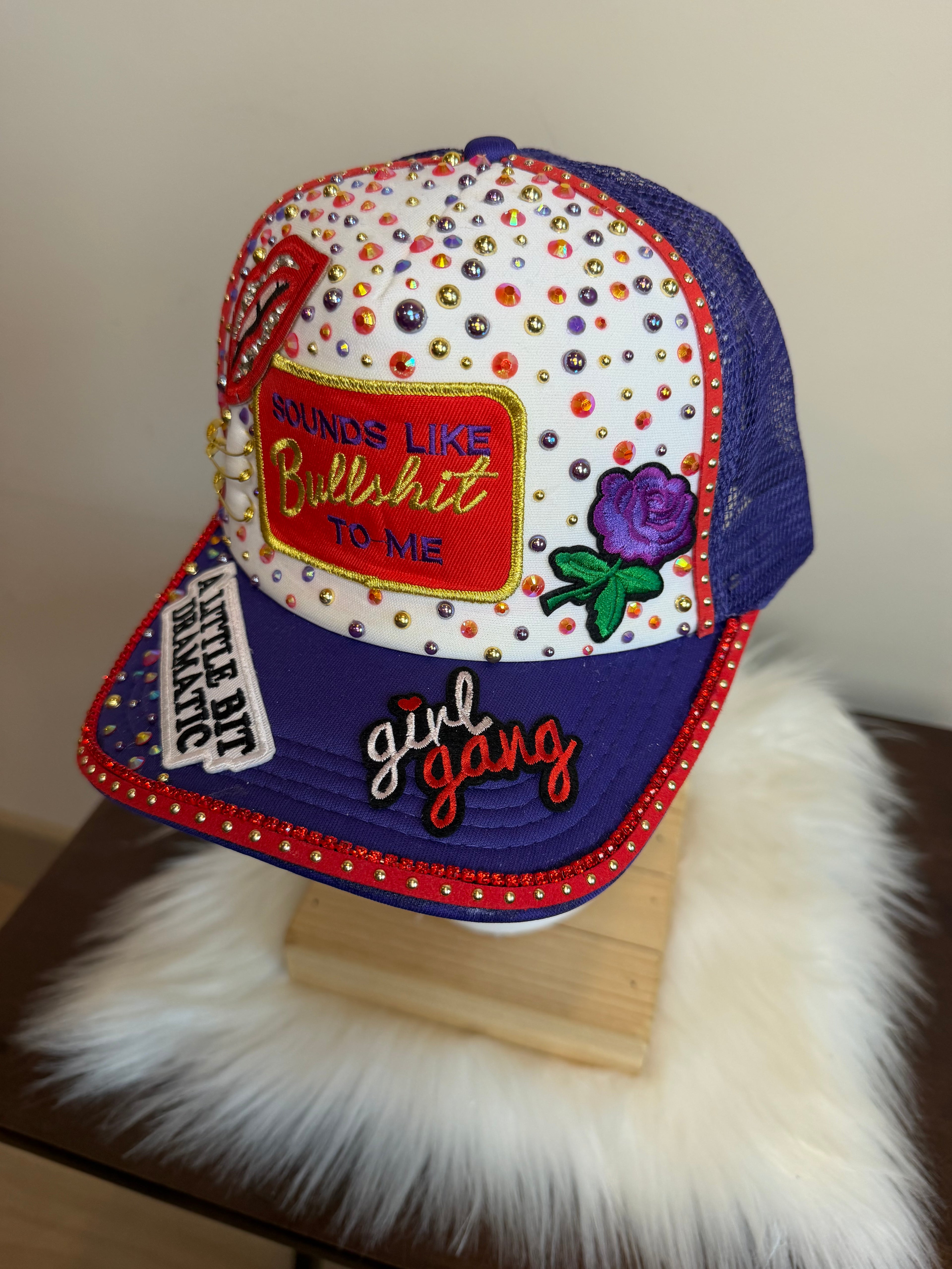 “A LITTLE BIT DRAMATIC RED/PURPLE/GOLD”  TRUCKER JUNK SNAPBACK HAT