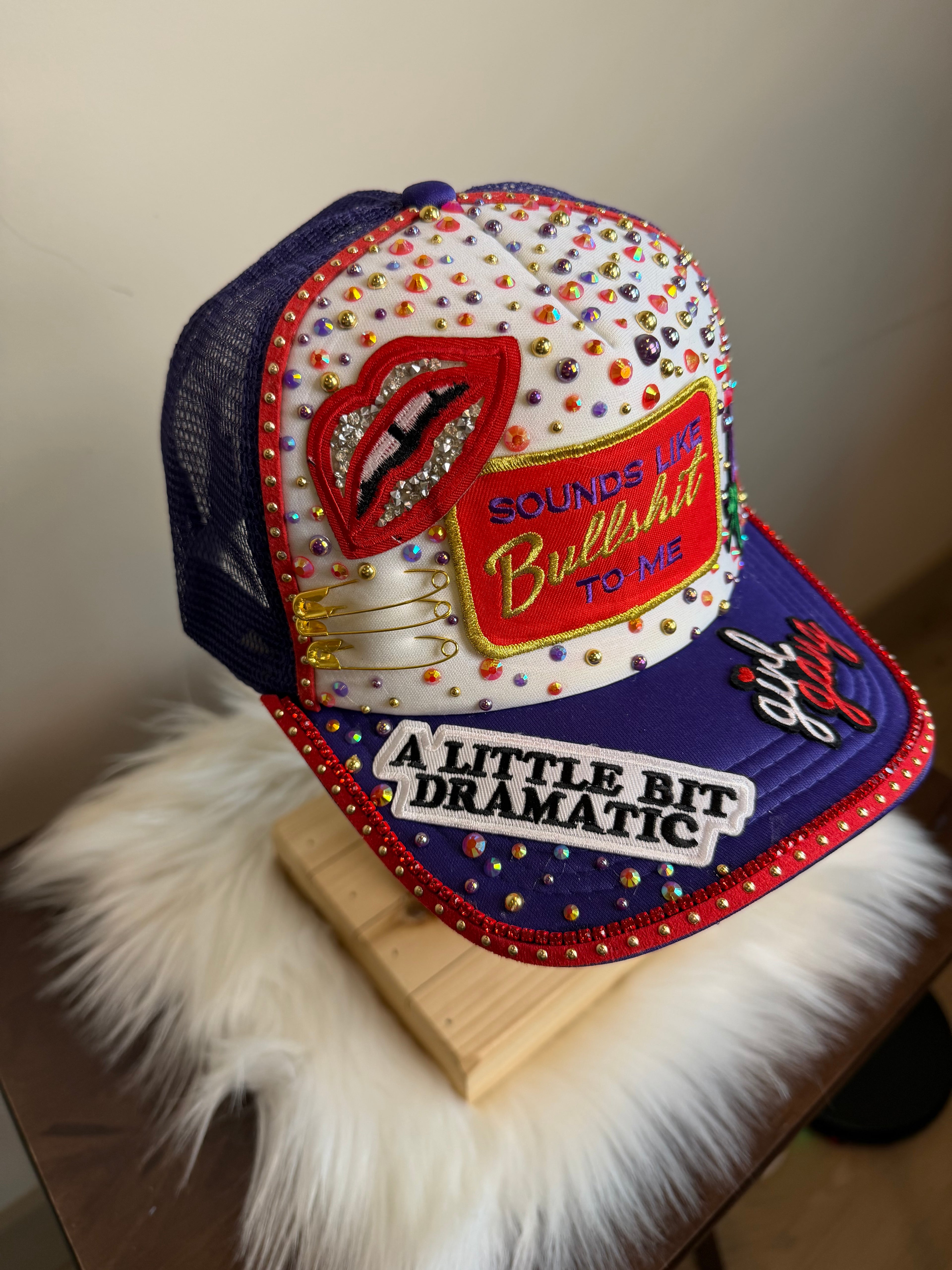 “A LITTLE BIT DRAMATIC RED/PURPLE/GOLD”  TRUCKER JUNK SNAPBACK HAT