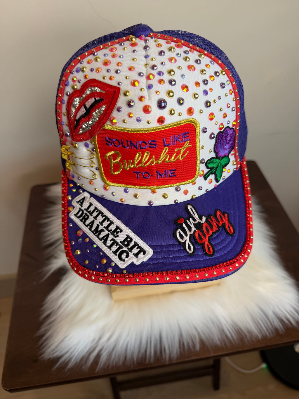 “A LITTLE BIT DRAMATIC RED/PURPLE/GOLD”  TRUCKER JUNK SNAPBACK HAT