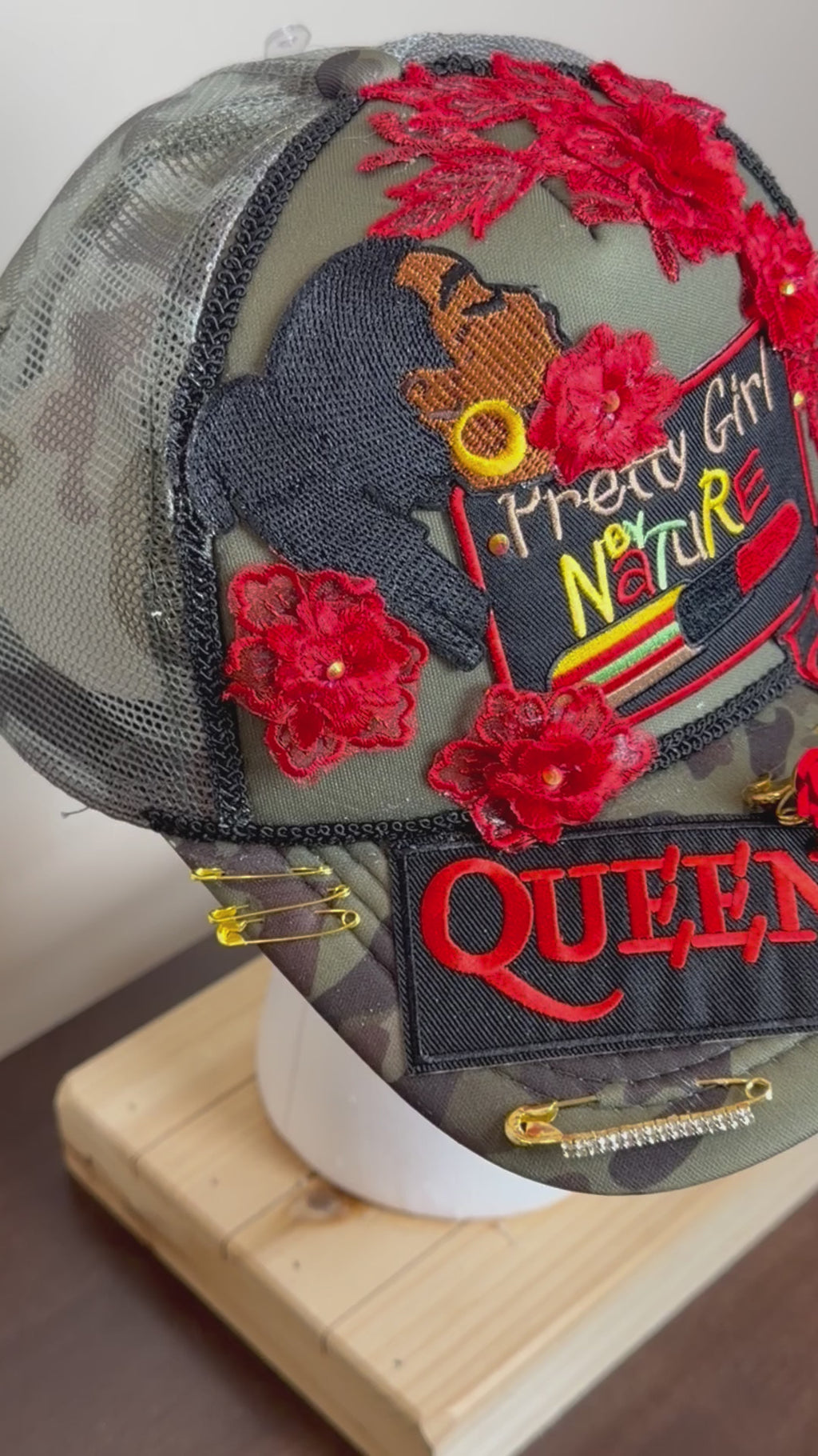 PRETTY GIRL NATURE CUSTOM ARMY/RED JUNK TRUCKER HAT