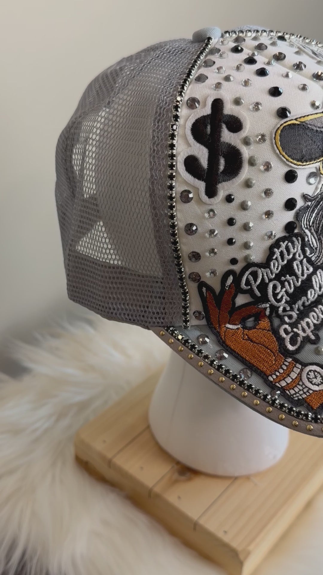 “PRETTY GIRLS SMELL EXPENSIVE” GRAY/SILVER/BLACK JUNK TRUCKER HAT
